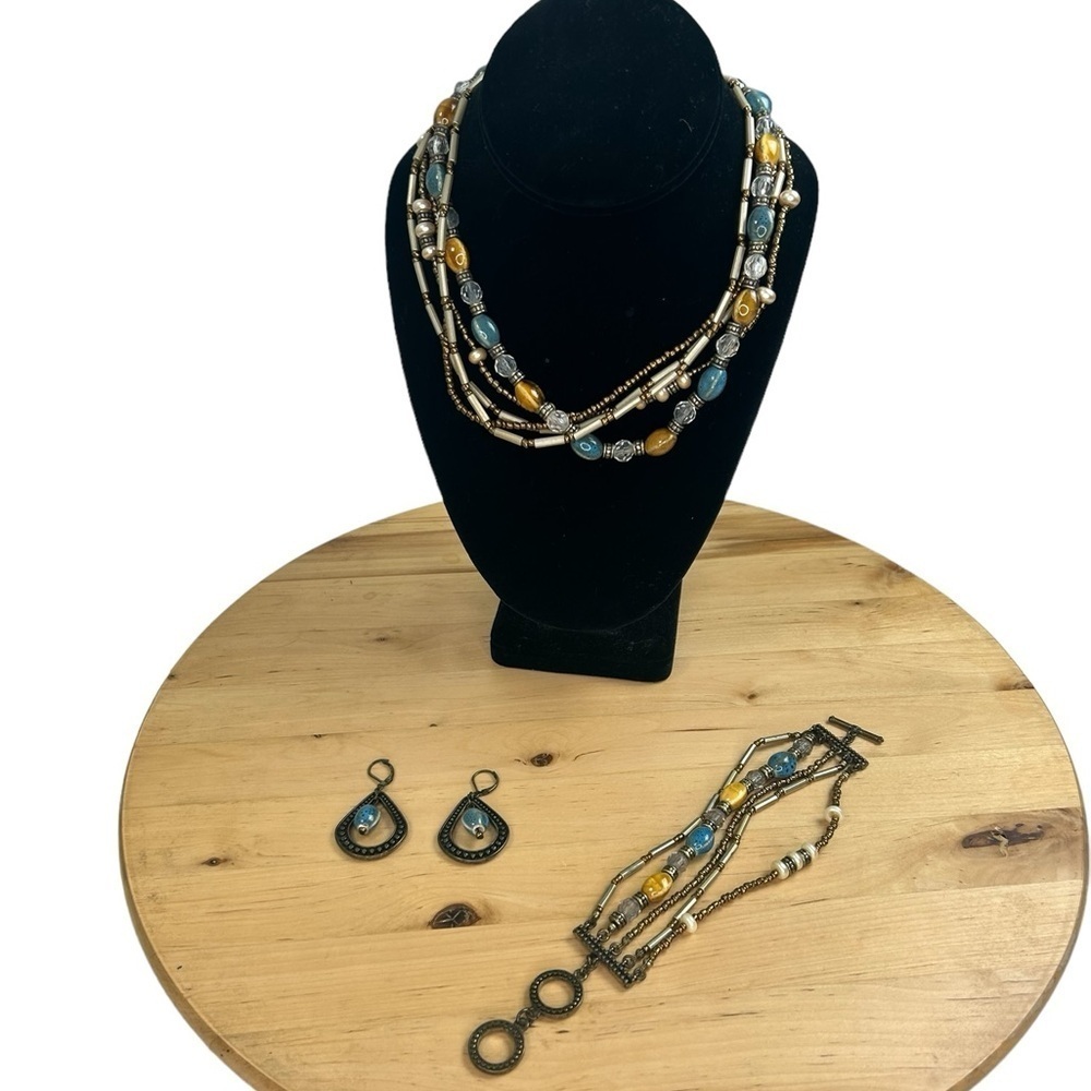 Premier Designs Multi Strand Necklace Bracelet Earring Blue/Yellow Ceramic Beads